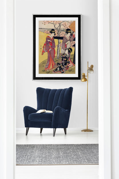 Gotenyama no Hanami Hidari (3 Geishas at Cherry Blossom Garden) by Utamaro Kitagawa