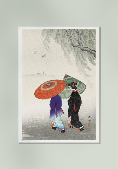 Two Women in the Rain by Ohara Koson