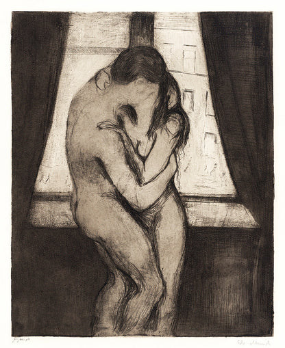 A black and white illustration of a man and a woman embracing, titled 'The Kiss', 1895.