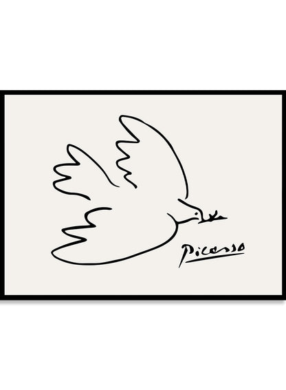 A minimalist line drawing of a dove on a white background, signed by Pablo Picasso.