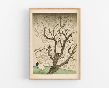 Whimsical tree art | Tree in the wind | Giclée fine art print | Woodcut Nature art | Woodblock wall art | Emil Orlik