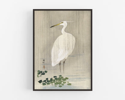 Vintage egret fine art print | Bird in grey rain | Japanese art | Art nouveau animal woodcut | Ohara Koson | Animal wall art