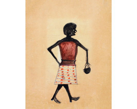 Bill Traylor Americana art | Woman walking with purse | Fashion folk art | African American self-taught artist | Modern vintage wall décor