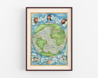 Ancient world map | Map of the winds | North America, South America, Europe, Africa, poles | Vintage French cartography | Travelers wall art