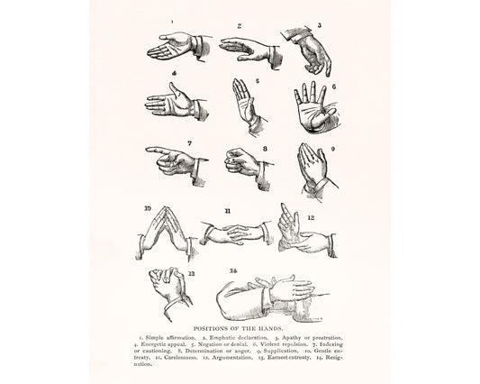 Vintage hand gesture illustration | Antique sign language | Body language wall art | Modern vintage decor | Eco-friendly gift