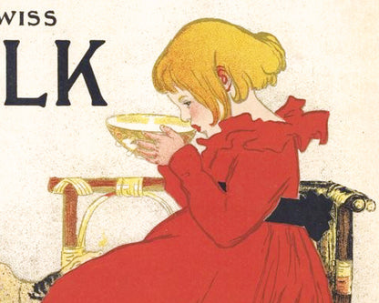 Nestle's milk ad | Girl in red dress with cats | Theophile Steinlen print | Kitchen, food wall art | Vintage advertisement