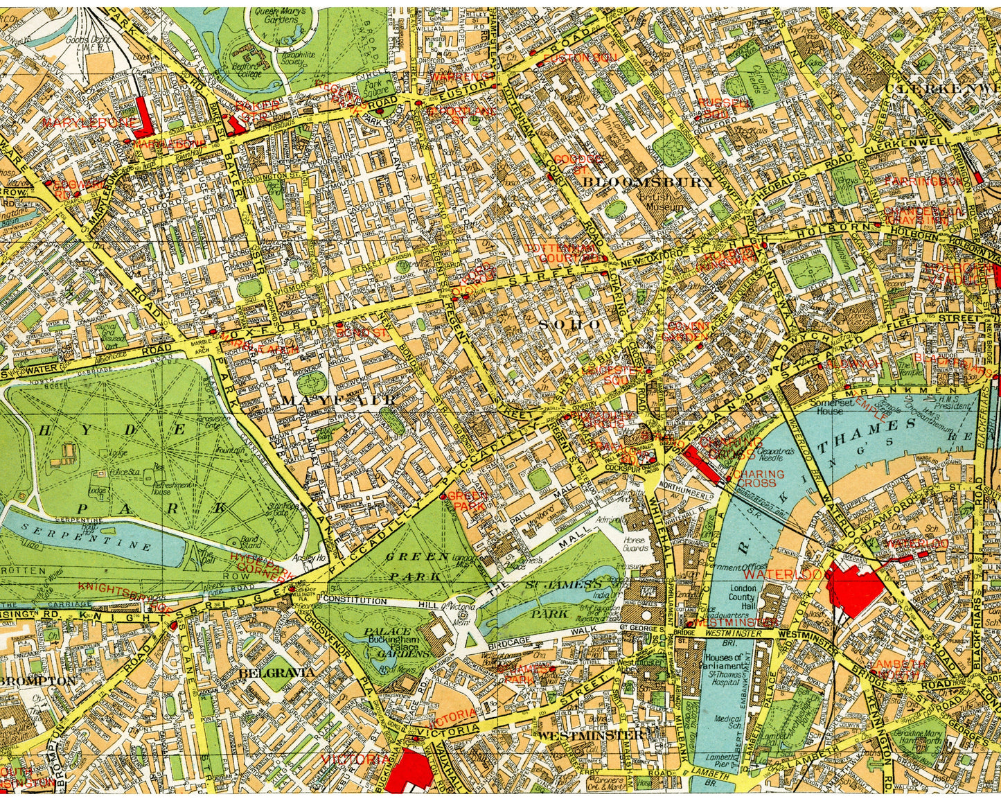 Vintage London map | 1940's Hyde Park, Kensington Gardens, Soho, River Thames | Vintage British cartography | Travelers wall art