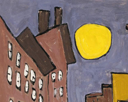 Harlem street scene with moon | 1940&#39;s city scene | Vintage African American folk art | Black artist | Primitive Americana wall art