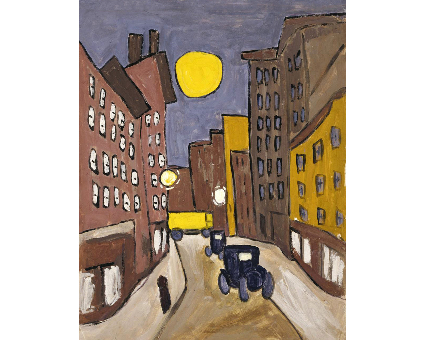 Harlem street scene with moon | 1940&#39;s city scene | Vintage African American folk art | Black artist | Primitive Americana wall art