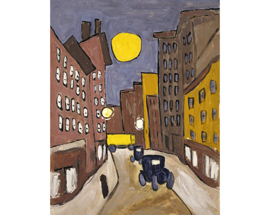 Harlem street scene with moon | 1940's city scene | Vintage African American folk art | Black artist | Primitive Americana wall art