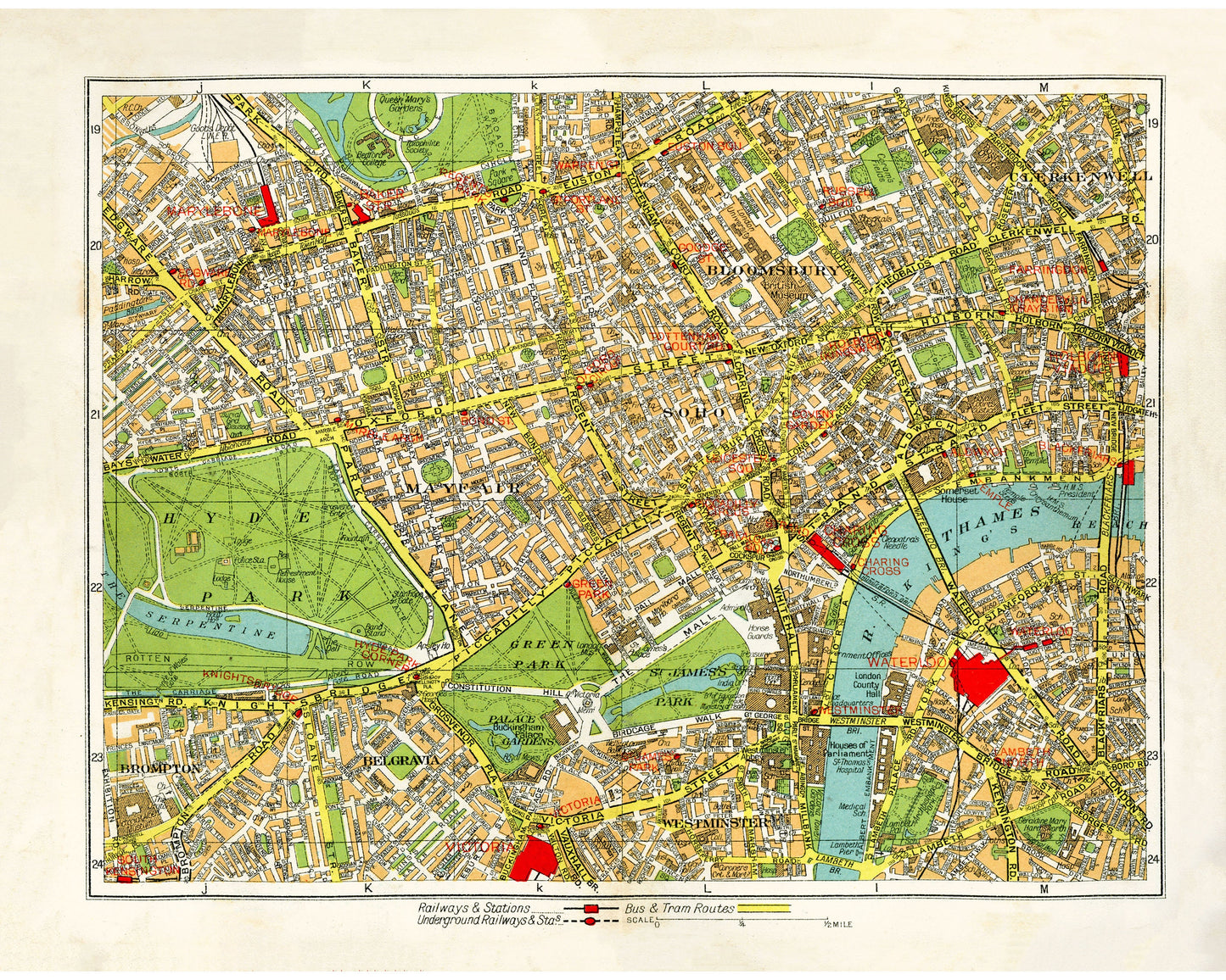 Vintage London map | 1940's Hyde Park, Kensington Gardens, Soho, River Thames | Vintage British cartography | Travelers wall art