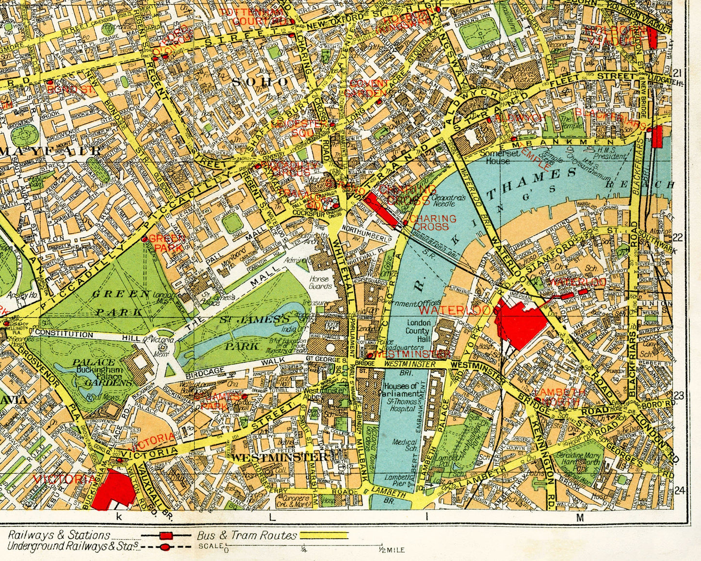 Vintage London map | 1940's Hyde Park, Kensington Gardens, Soho, River Thames | Vintage British cartography | Travelers wall art