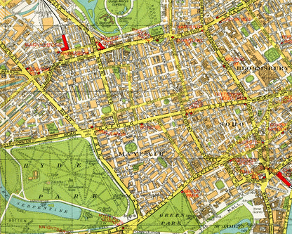 Vintage London map | 1940's Hyde Park, Kensington Gardens, Soho, River Thames | Vintage British cartography | Travelers wall art