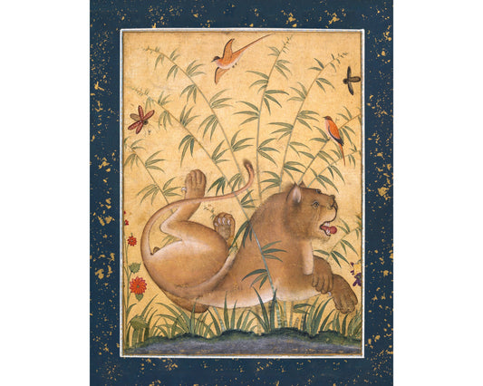 A vintage painting of a lion in a floral setting, predominantly in gold, orange, and green tones, on a blue background.