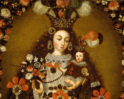 Lady of Pomata statue painting | Child Jesus | Peruvian folk art | Vintage religious icon | Christian wall art | Antique Latin American art