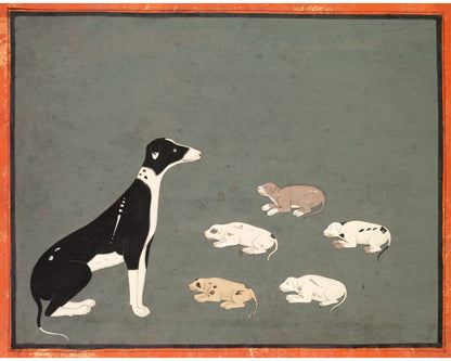 Dog and puppy art print | Dog with pups | Antique animal painting | Pet wall art | Asian art | Black and white canine art | Indian artist