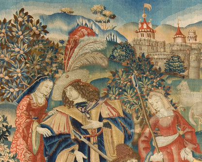 Pastoral dance art print | Shepherds in round dance | Medieval tapestry art | Pastoral scene with dog, sheep, castle | 16th century textile