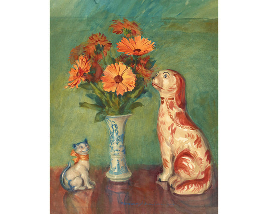 French still life | Lares et Penates |  Marigolds & Staffordshire dog | Flowers with cat, dog | Animal wall art | Art nouveau print