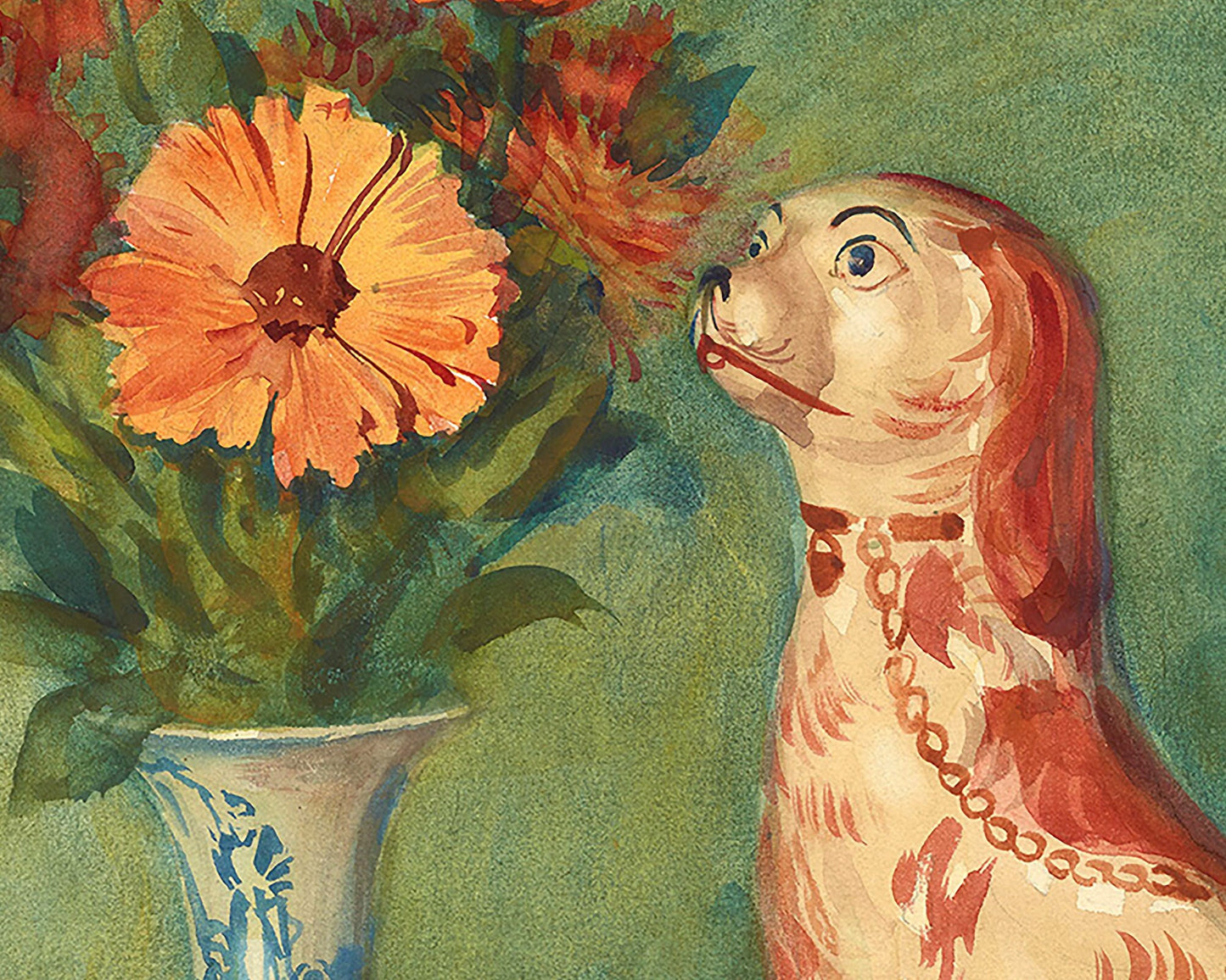 French still life | Lares et Penates |  Marigolds & Staffordshire dog | Flowers with cat, dog | Animal wall art | Art nouveau print