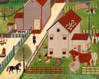 Americana folk art | Mahantango Valley Farm | Vintage farm wall art | Antique small town landscape | Cows, horses, birds, chickens, hunting