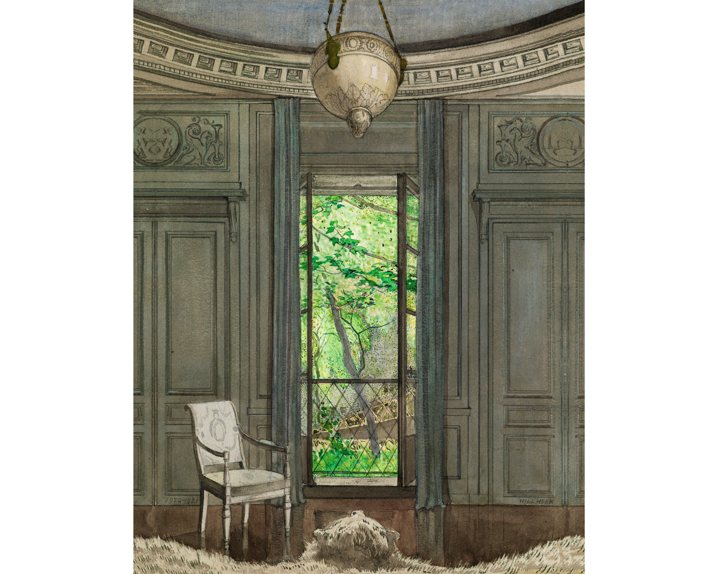 A vintage-style illustration of a balcony with a landscape view, featuring a chair and a dog, with a classical architectural background.