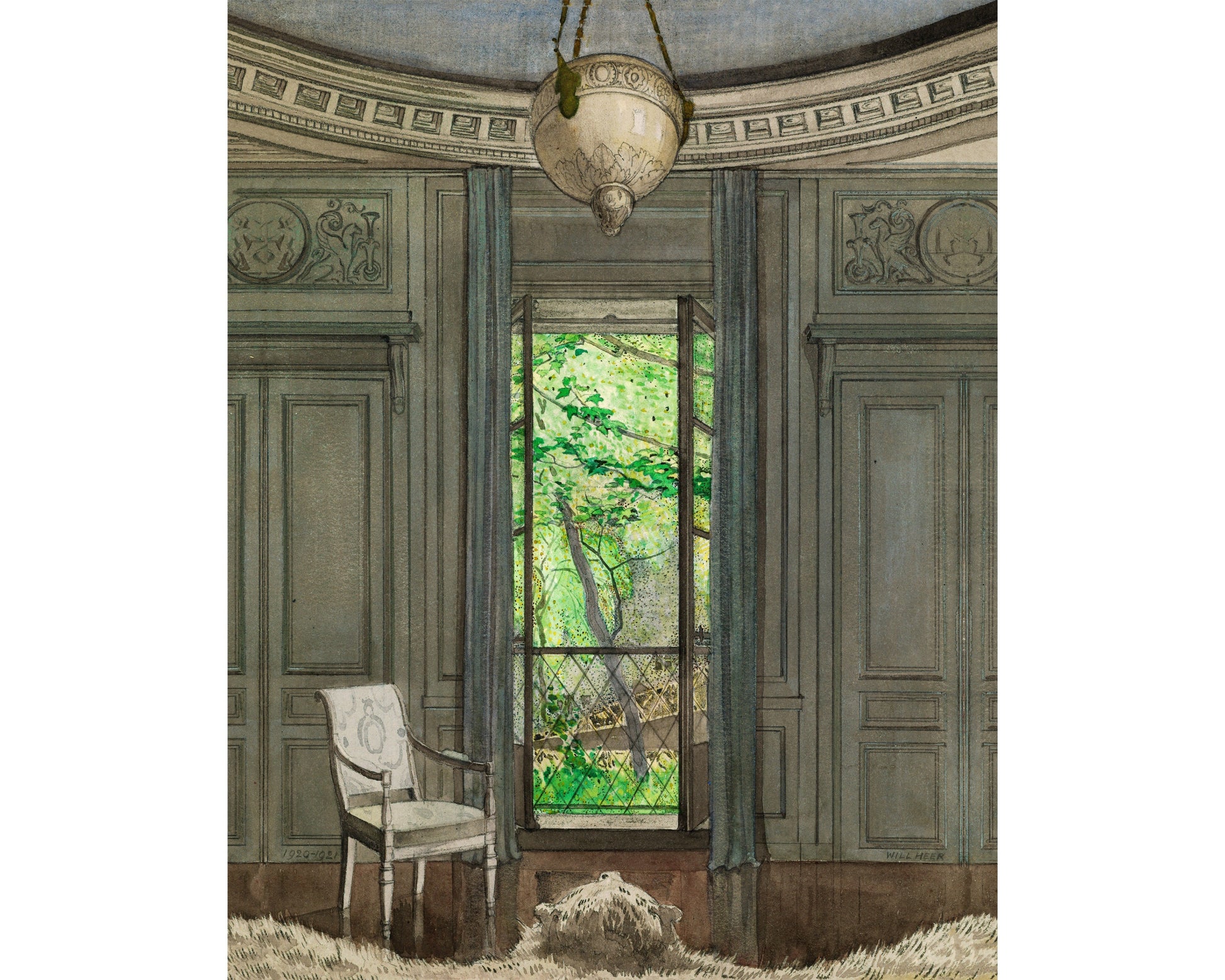 A vintage-style illustration of a balcony with a landscape view, featuring a chair and a dog, with a classical architectural background.