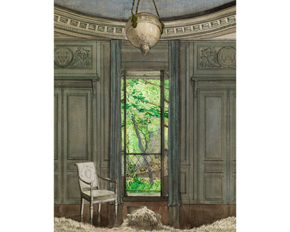 A vintage-style illustration of a balcony with a landscape view, featuring a chair and a dog, with a classical architectural background.