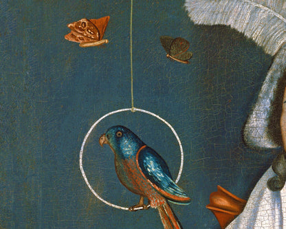 American folk art portrait | Woman with her pets | Birds, butterflies & cat art | Americana wall art | 18th century fashion | Rufus Hathaway