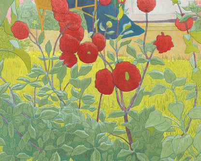 Grandmother, mother with baby | Vintage fine art print | Garden of yellow & red flowers | Art nouveau wall art | Antique generational art