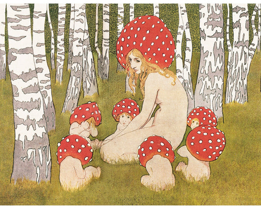 Vintage Mother Nature fine art print | Mother Mushroom and her children | Antique woodland wall art | Fairytale painting | Magical forest