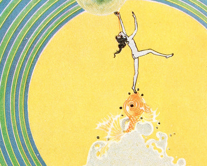 Colorful fairy tale fine art print • Reaching for the moon and stars • Art Deco sun, sea, fish • Whimsical art • Magic fairy