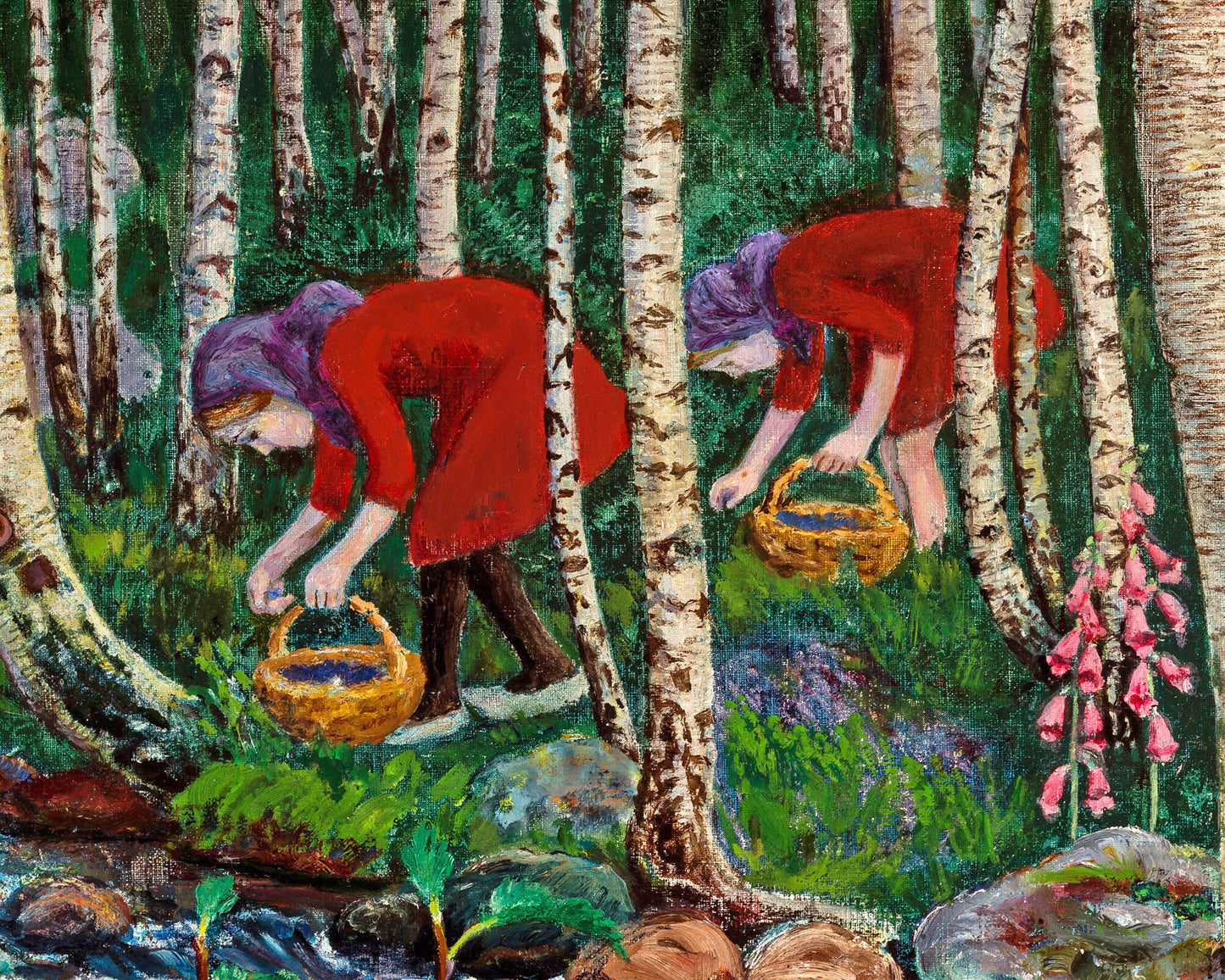 Vintage forest art print | Foxgloves | Women picking berries | Tree and nature wall art | Nikolai Astrup fine art