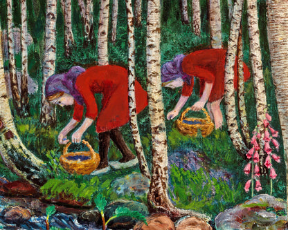 Vintage forest art print | Foxgloves | Women picking berries | Tree and nature wall art | Nikolai Astrup fine art
