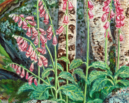 Vintage forest art print | Foxgloves | Women picking berries | Tree and nature wall art | Nikolai Astrup fine art